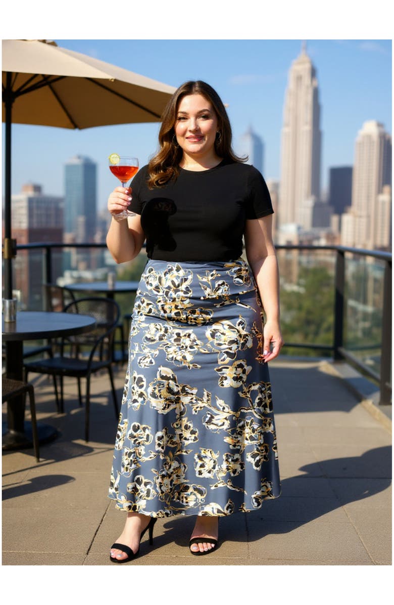 24seven Comfort Apparel Plus Size Floral Elastic Waist A-Line Maxi Skirt, Alternate, color, Grey Multi