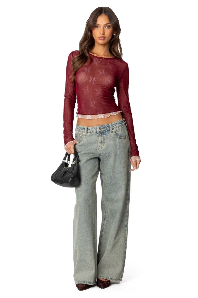 Lacy Sheer Mesh Crop Top, Alternate, color, BURGUNDY