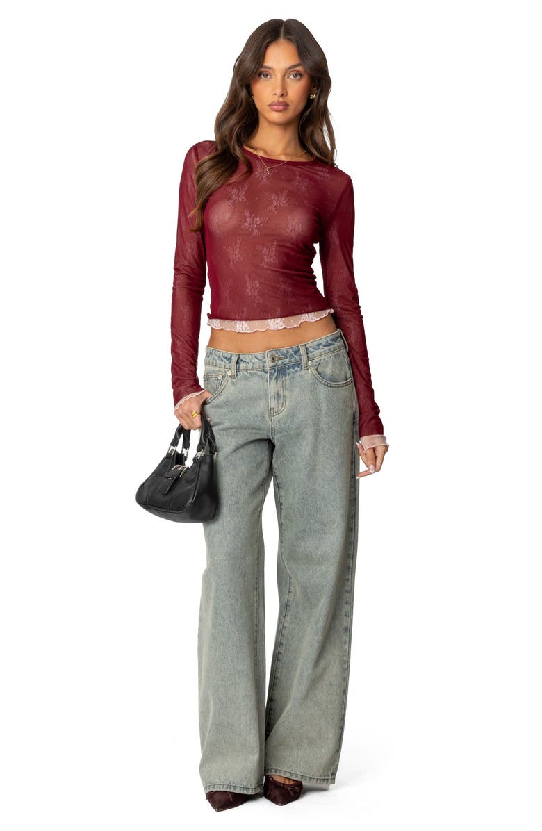 EDIKTED Lacy Sheer Mesh Crop Top, Alternate, color, Burgundy