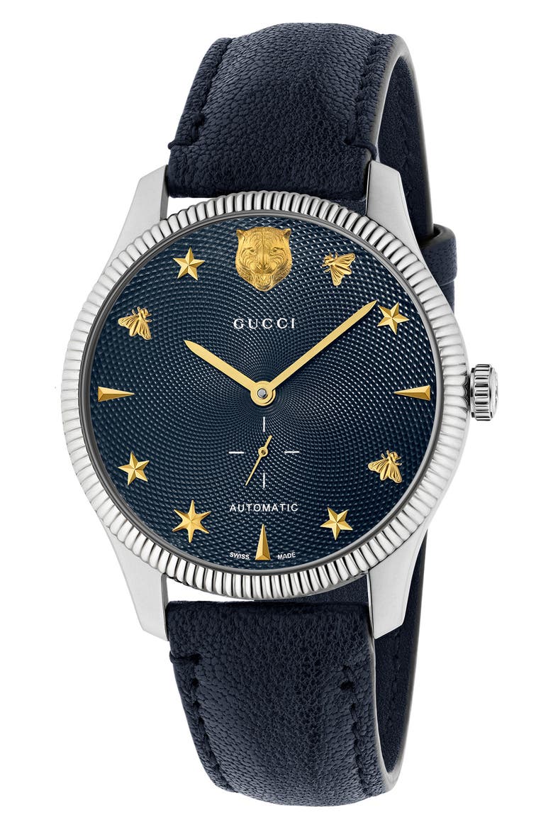 G-Timeless Leather Strap Watch, 40mm, Main, color, BLUE/ BLUE/ SILVER