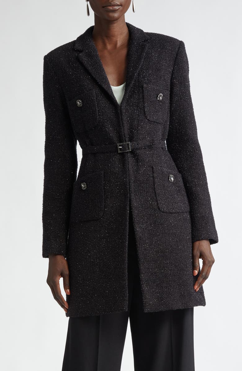 ST. JOHN Metallic Boucle Belted Longline Jacket, Main, color, Black