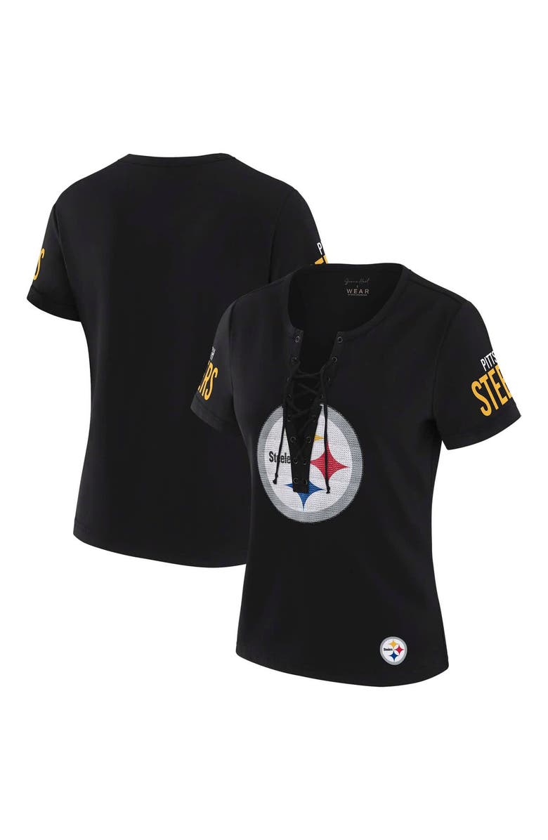 WEAR by Erin Andrews Women's WEAR by Erin Andrews x Gracie Hunt Black Pittsburgh Steelers Draft Me Lace-Up T-Shirt, Main, color,