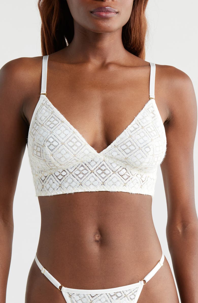 KILO BRAVA Metallic Geometric Lace Longline Bralette, Main, color, Shell White