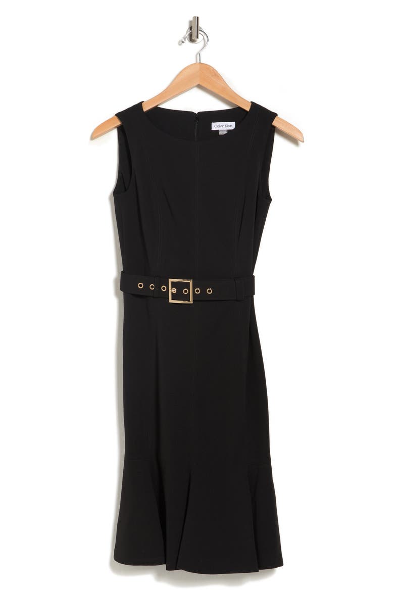 Belted Flared Hem Sheath Dress, Alternate, color, BLACK