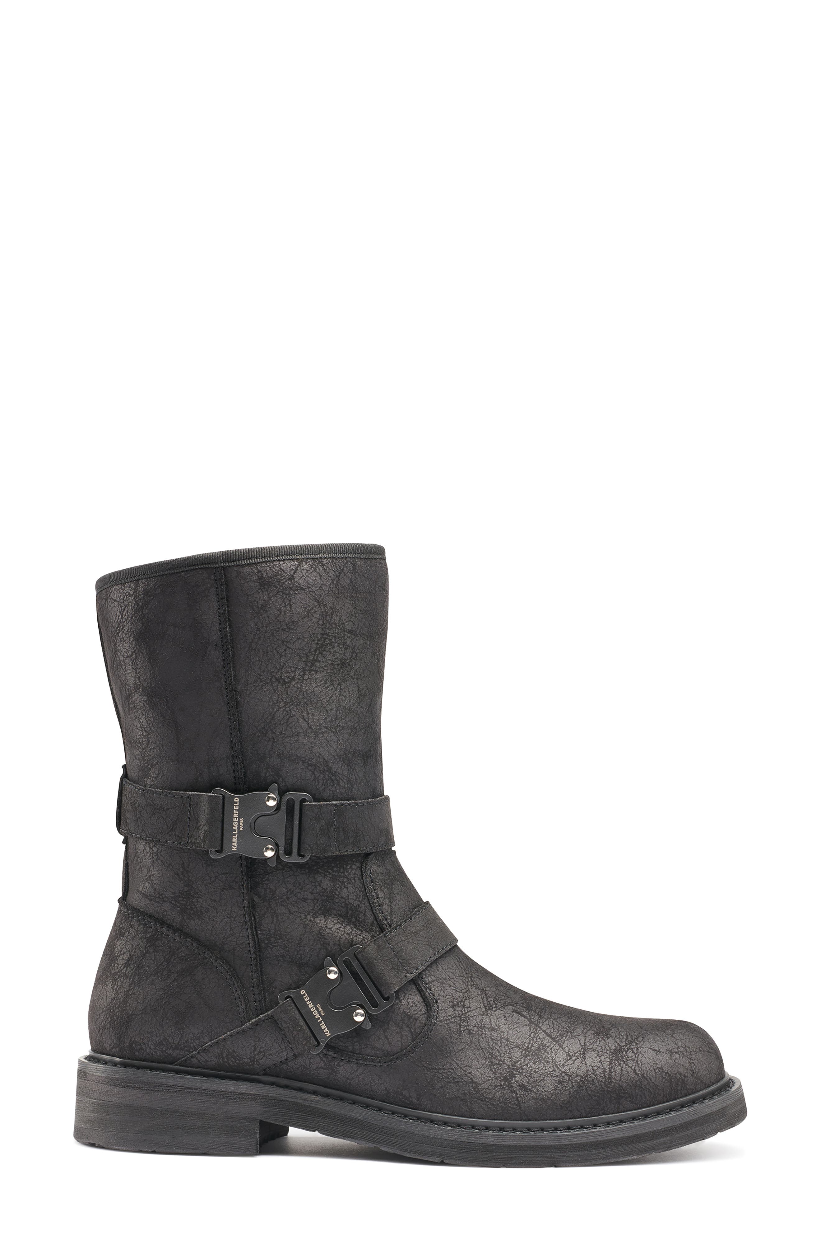 KARL LAGERFELD PARIS Faux Shearling Lined Double Buckle Boot, Alternate, color, Black