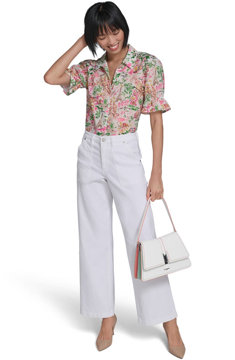 KARL LAGERFELD PARIS Print Puff Sleeve Shirt, Alternate, color, Soft White/ Pink Carnation