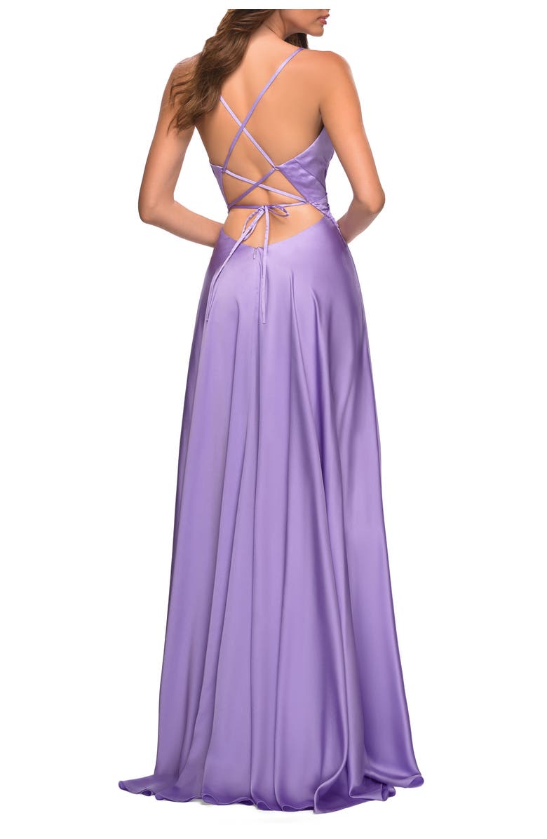 La Femme Bright Satin Gown with Criss-Cross Ruched Top, Alternate, color, Lavender