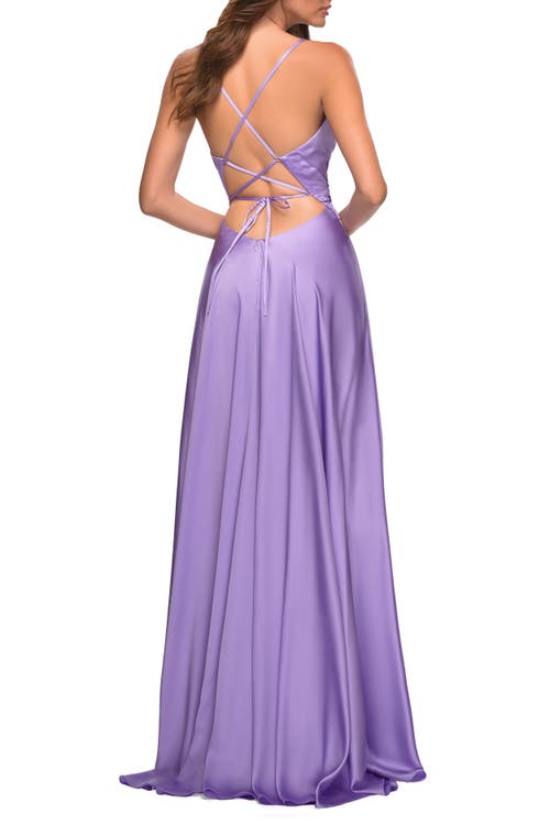La Femme Bright Satin Gown With Criss-cross Ruched Top