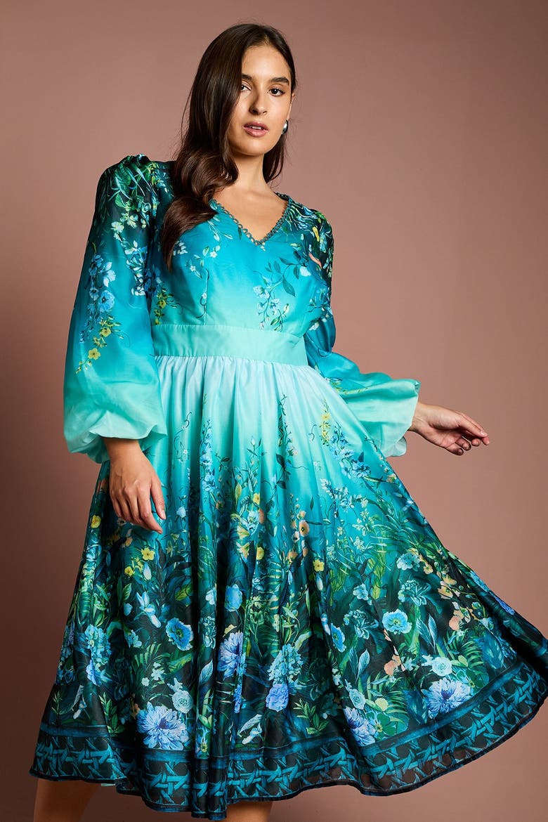 Plus Placement Print Organza Midi Dress, Alternate, color, Teal