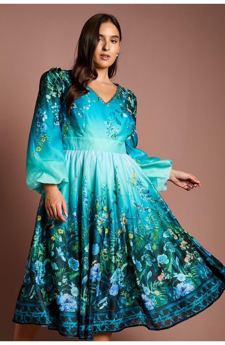 Coast Plus Placement Print Organza Midi Dress, Alternate, color, Teal