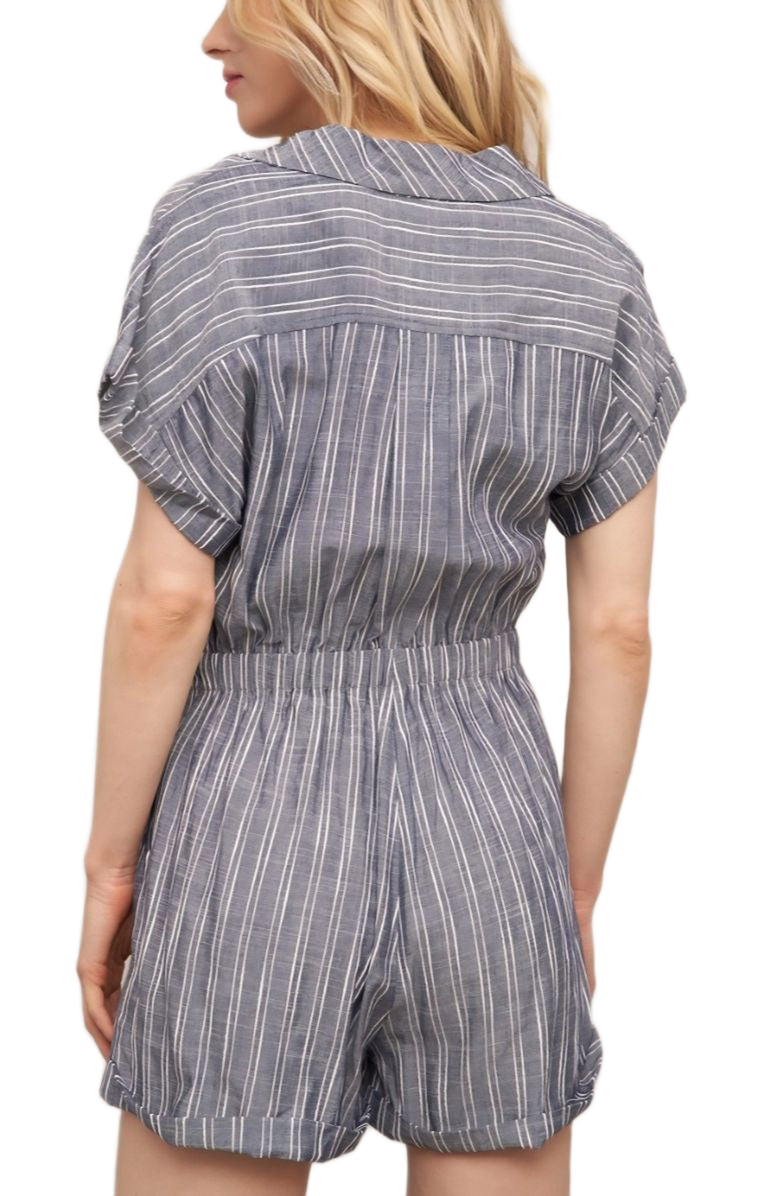 Knit and Lounge Striped Button Front Drawstring Waist Short Sleeve Cuffed Hem Romper, Alternate, color, Slate Blue