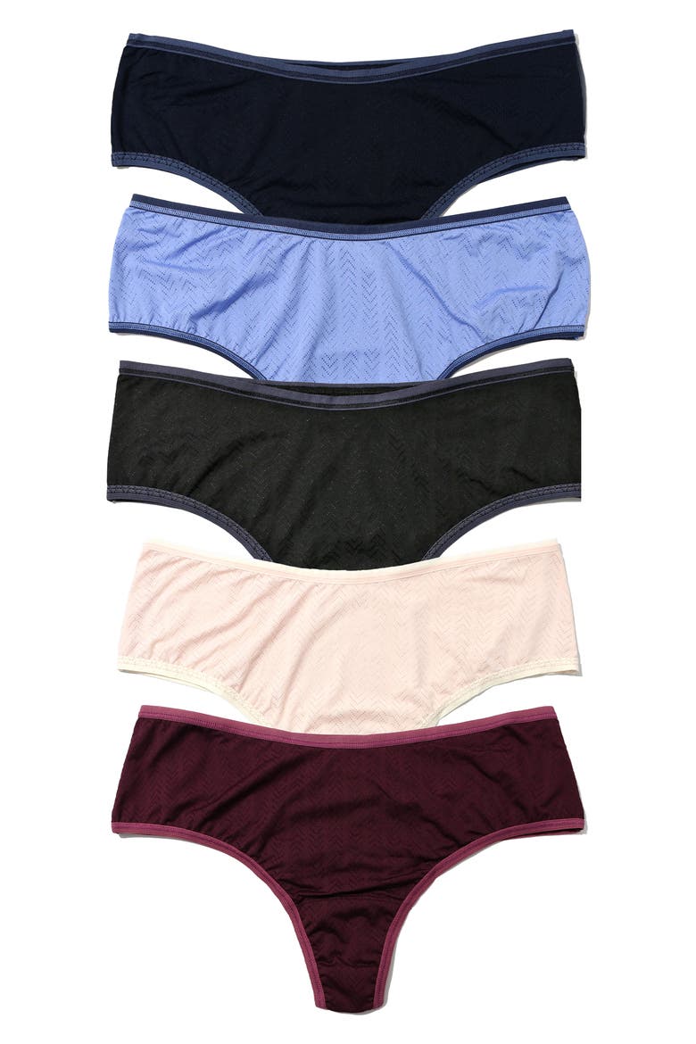 MoveCalm™ Assorted 5-Pack High Rise Thongs, Main, color, BLCK/CLWT/PEARL/BRRY/PLUM