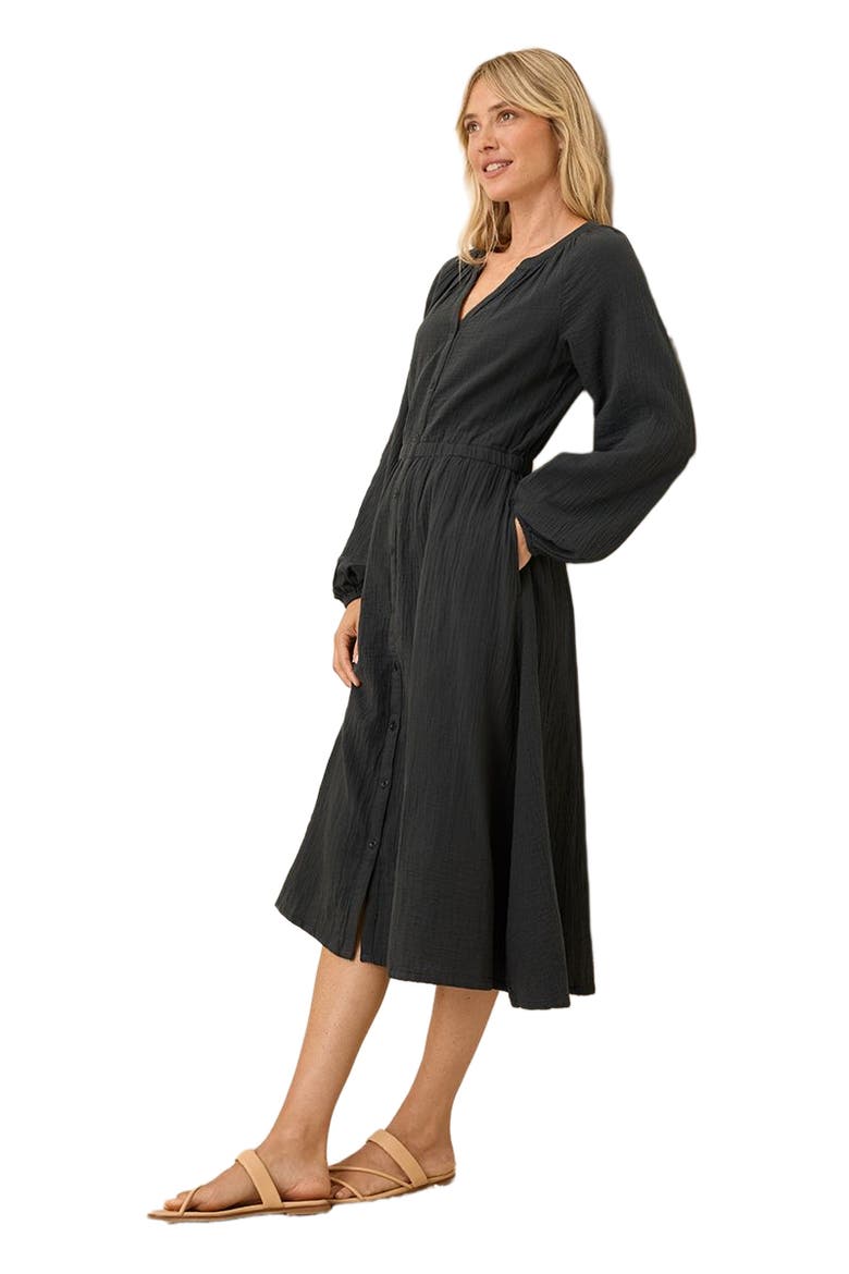 Organic Cotton Coastal Double Gauze Poet Sleeve Dress, Alternate, color, Black