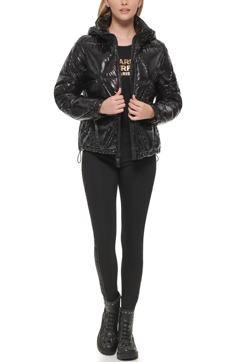 KARL LAGERFELD PARIS Water Resistant Down & Feather Fill Short Hooded Puffer Coat, Alternate, color,