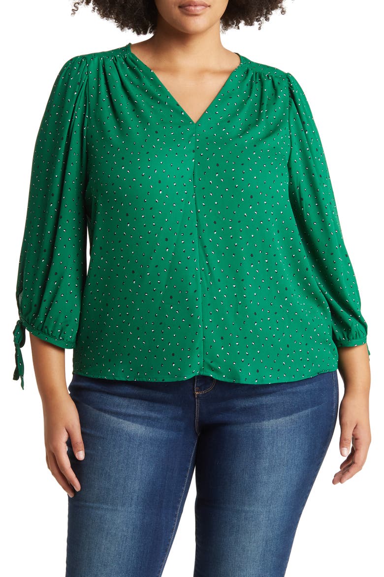 Tie Cuff V-Neck Blouse, Main, color, GREEN