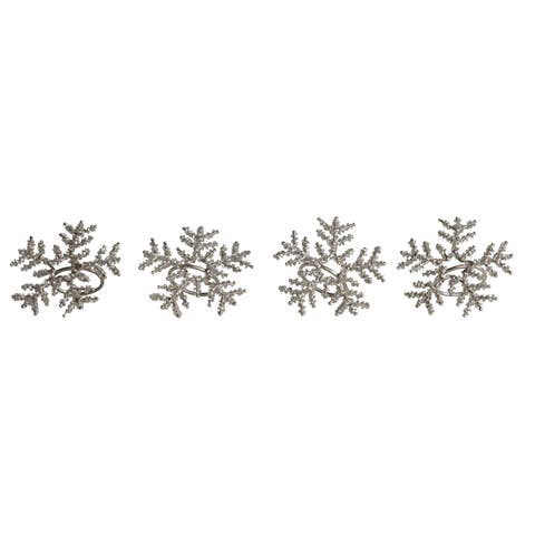 4-Piece Metal and Glass Beaded Snowflake Napkin Rings, Silver Finish