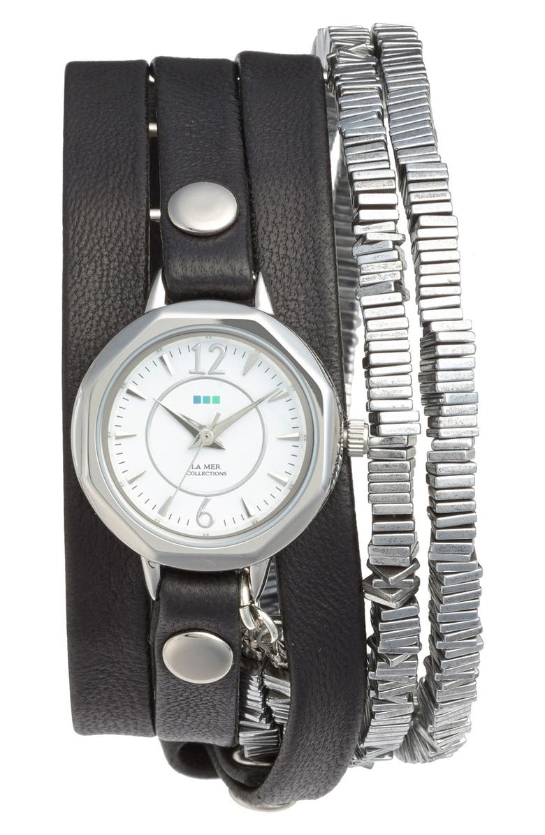 La Mer Collections 'Highline' Leather & Stone Wrap Watch, 19mm, Main, color, 