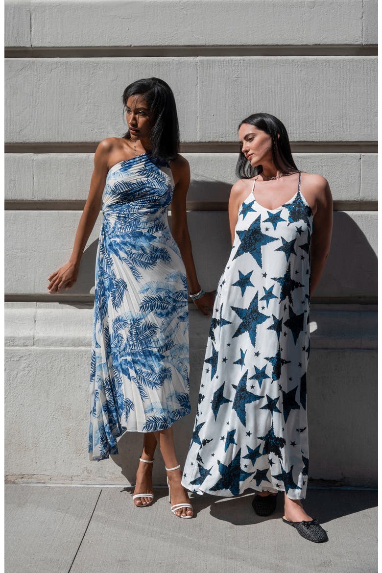One Shoulder Pleat Dress, Alternate, color, NAVY PRINT