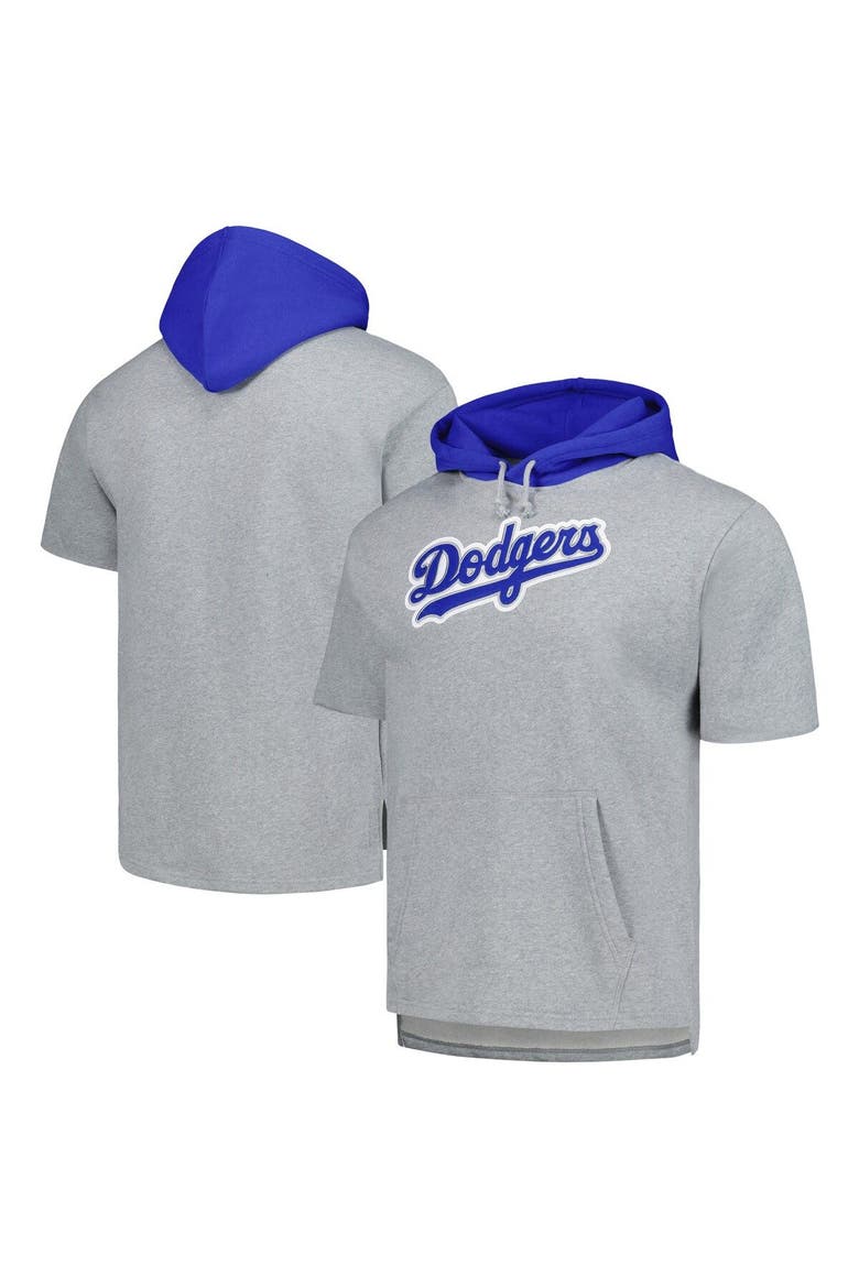 Men's Mitchell & Ness Heather Gray Los Angeles Dodgers Postgame Short Sleeve Pullover Hoodie, Main, color, Heather Gray