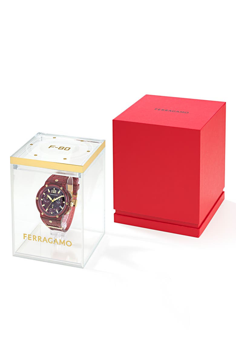 FERRAGAMO F-80 Translucent Chronograph Recycled Polyurthane Strap Watch, 44mm, Alternate, color, Burgundy