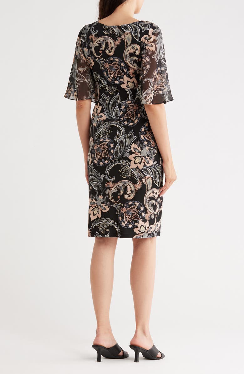 Connected Apparel Floral Flutter Sleeve Faux Wrap Dress, Alternate, color, Camel