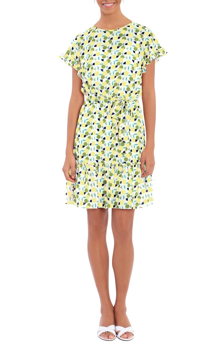 London Times Drop Shoulder Jewel Neck Elastic Waist Ruffle Dress, Main, color, 