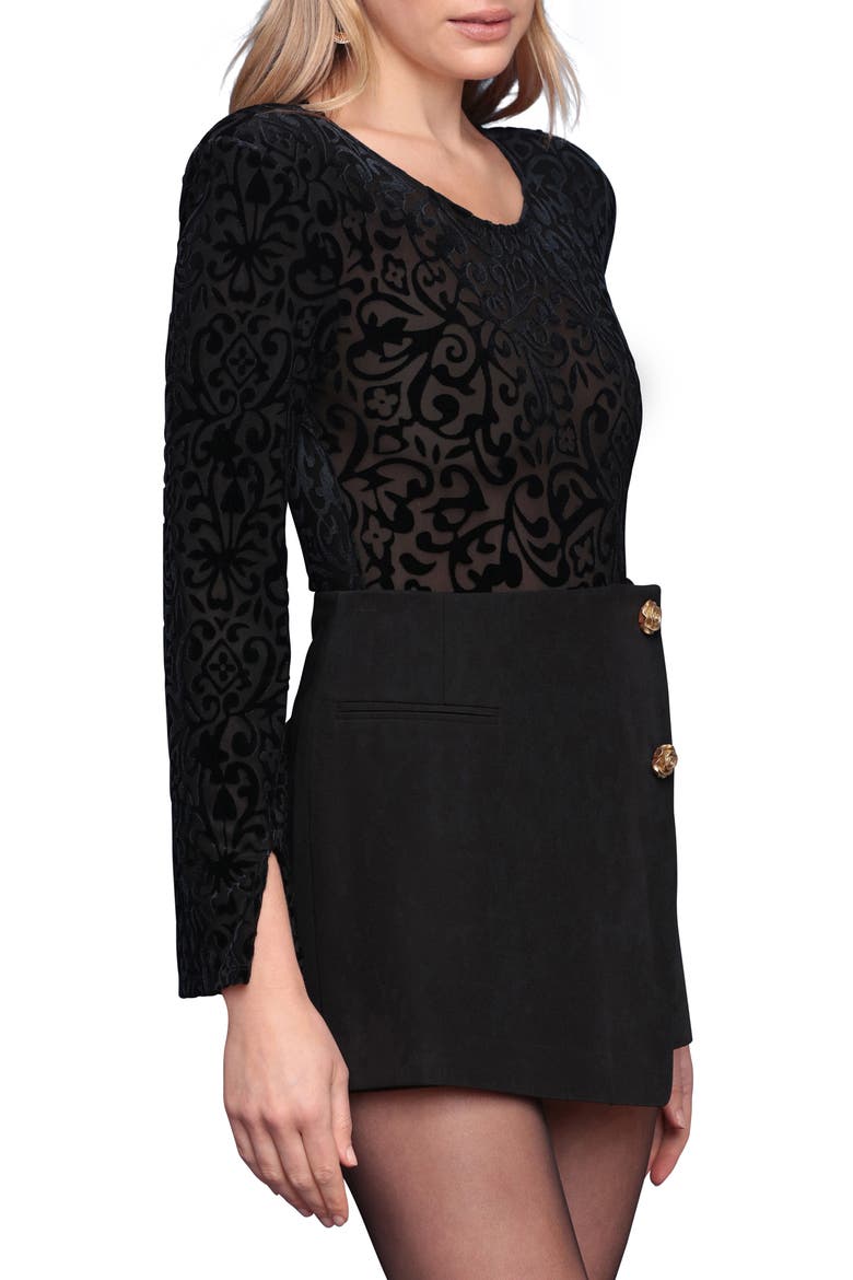 Open Back Flocked Bodysuit, Alternate, color, BLACK