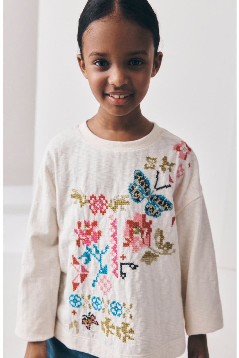Kids' Embroidered Butterfly Long Sleeve T-Shirt, Alternate, color, NEUTRAL