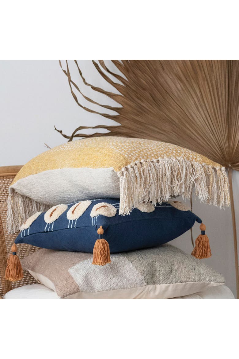 Stonewashed Cotton Slub Lumbar Pillow with Dot Pattern and Fringe, Alternate, color, Yellow
