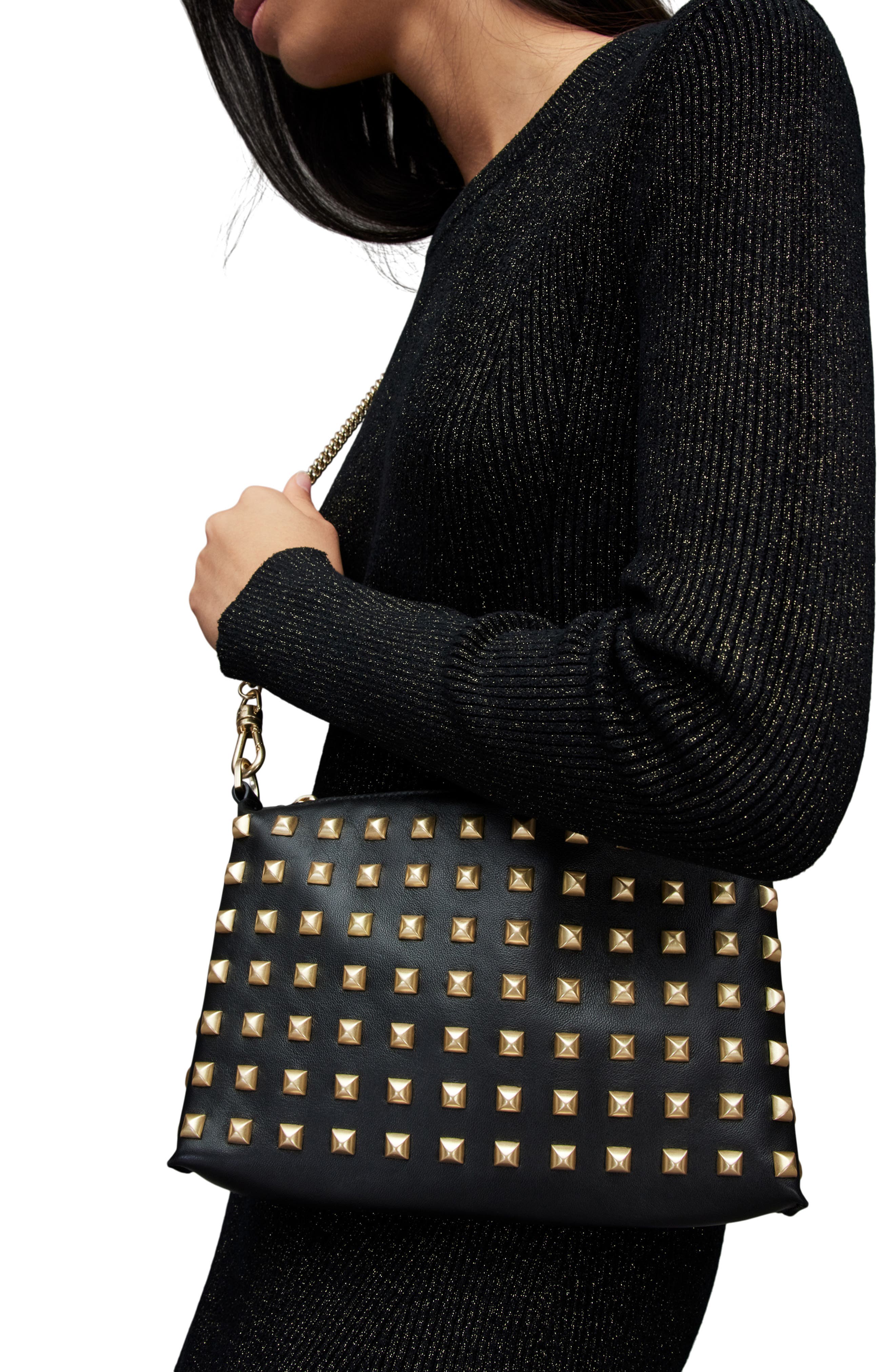 AllSaints Eve Studded Leather Crossbody Bag, Alternate, color, 