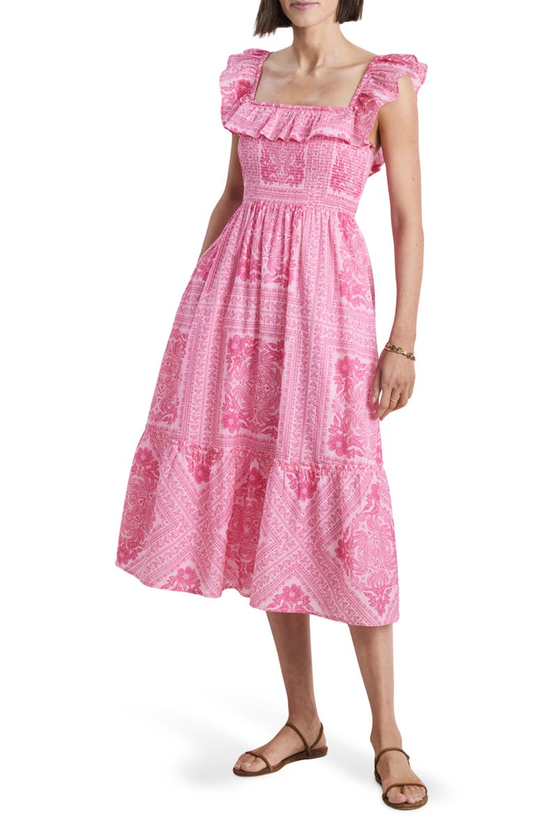 vineyard vines Mix Print Smocked Ruffle Cotton Midi Dress, Main, color, 