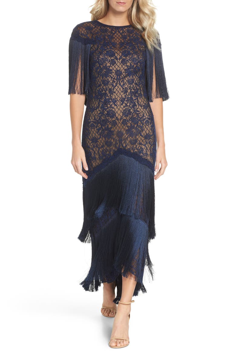 Embroidered Mesh & Fringe Gown, Main, color, MIDNIGHT/ NUDE