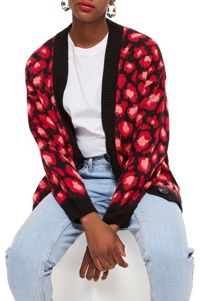 Leopard Print Cardigan, Main, color, RED