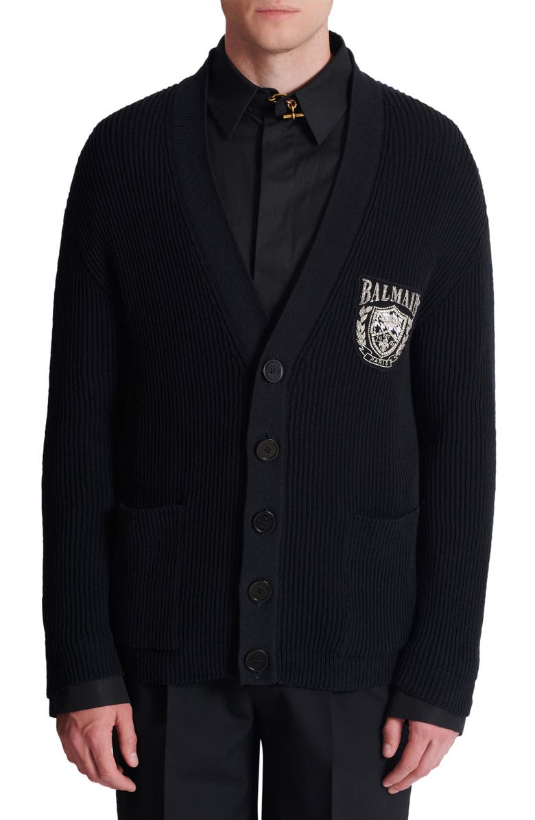 Balmain Cotton tube-knit cardigan, Alternate, color, Black
