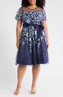 Eliza J Floral Embroidered Illusion Short Sleeve Cocktail Dress