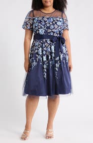 Eliza J Floral Embroidered Illusion Short Sleeve Cocktail Dress