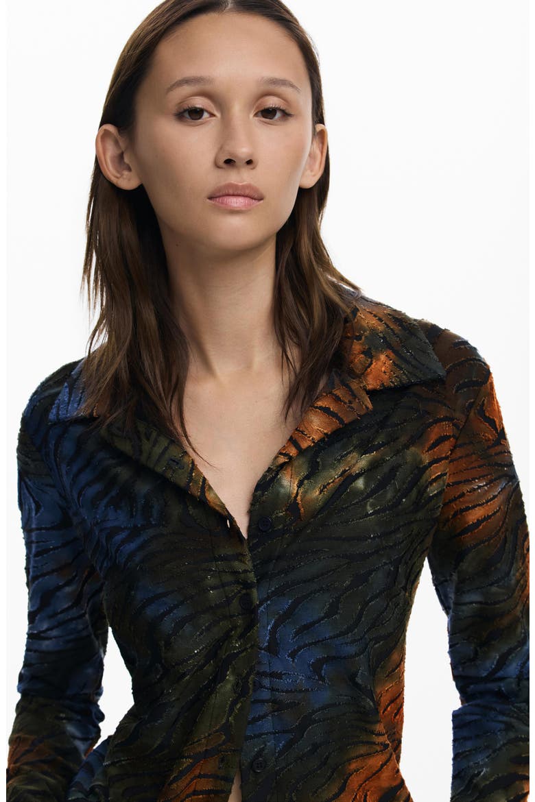 Abstract Stripe Metallic Long Sleeve Button-Up Shirt, Alternate, color, GREEN