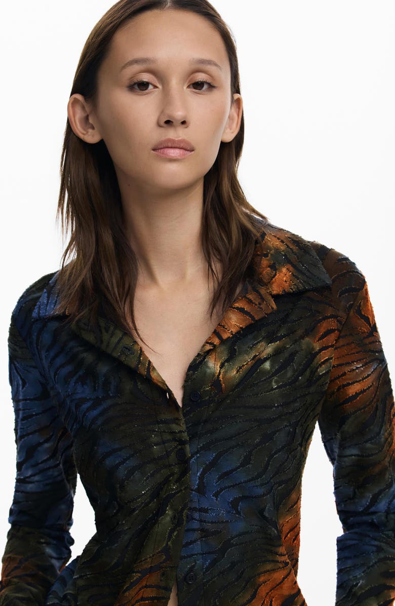 Desigual Abstract Stripe Metallic Long Sleeve Button-Up Shirt, Alternate, color, Green