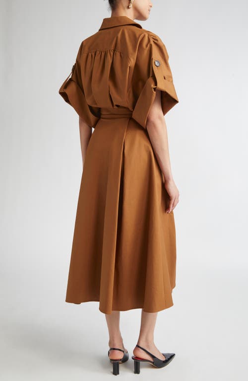 Carolina Herrera Wide Sleeve Belted Stretch Cotton Sateen Shirtdress In Brown