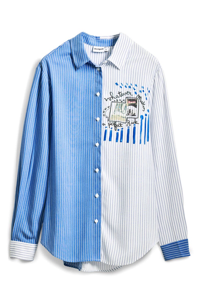 Desigual Colorblock Stripe Cotton Button-Up Shirt, Alternate, color, Light Blue