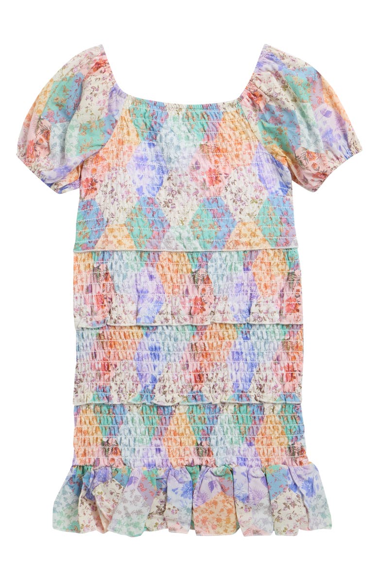 Ava & Yelly Kids' Smocked Patterned Dress, Main, color, Blue Multi