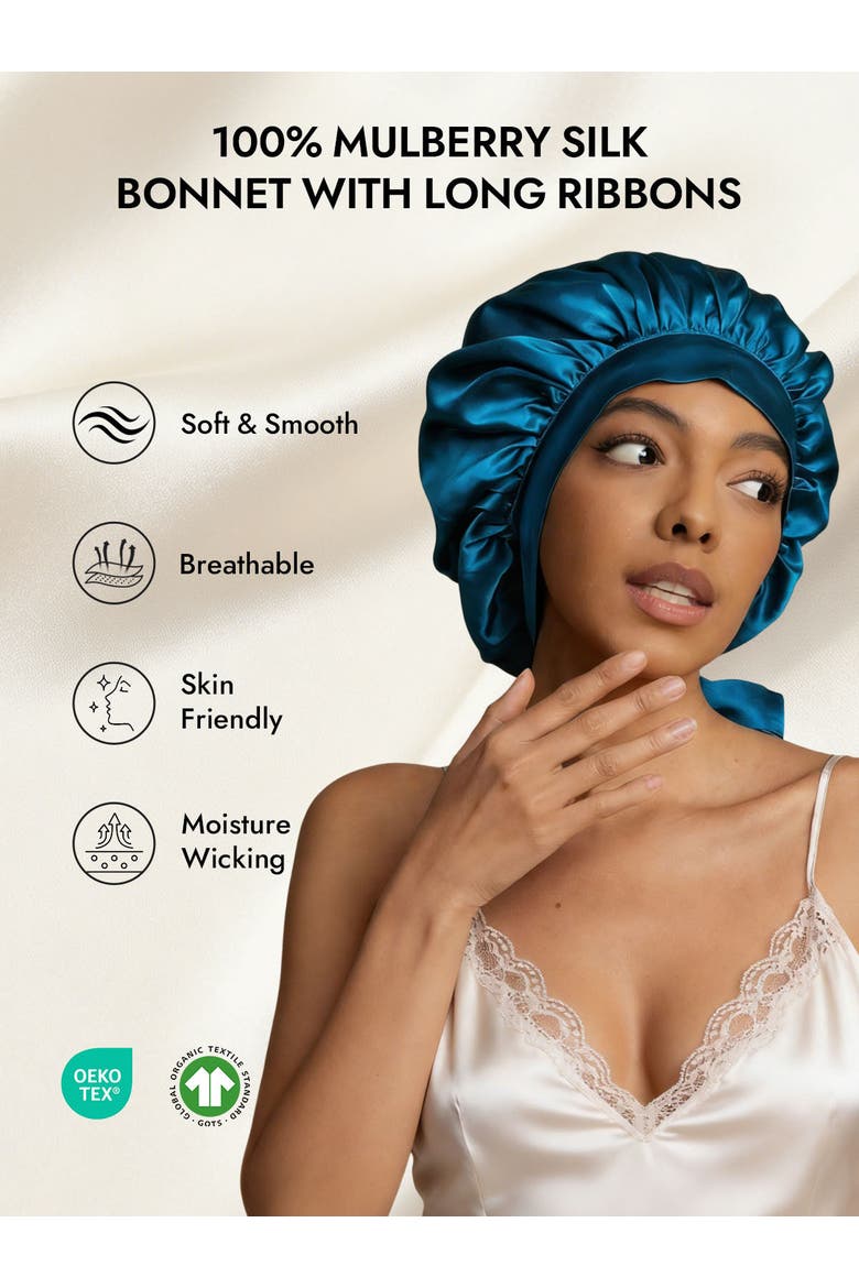 Women's Mulberry Silk Bonnet with Long Ribbons, Alternate, color, Teal