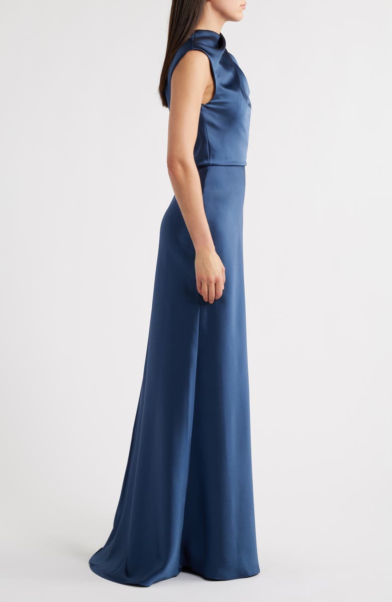 Amsale Asymmetric Neck Satin Gown, Alternate, color, French Blue
