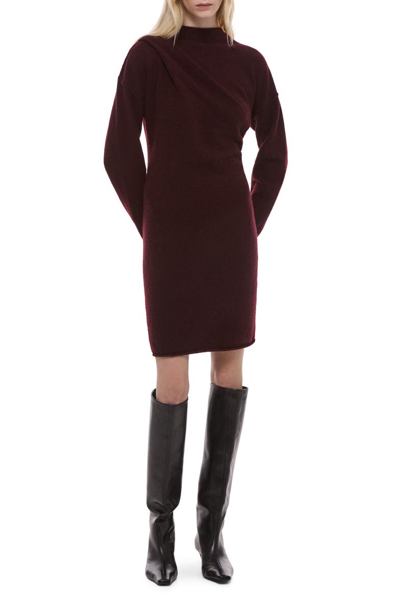 Helmut Lang Drape Detail Long Sleeve Wool Blend Sweater Dress, Alternate, color, Burgundy