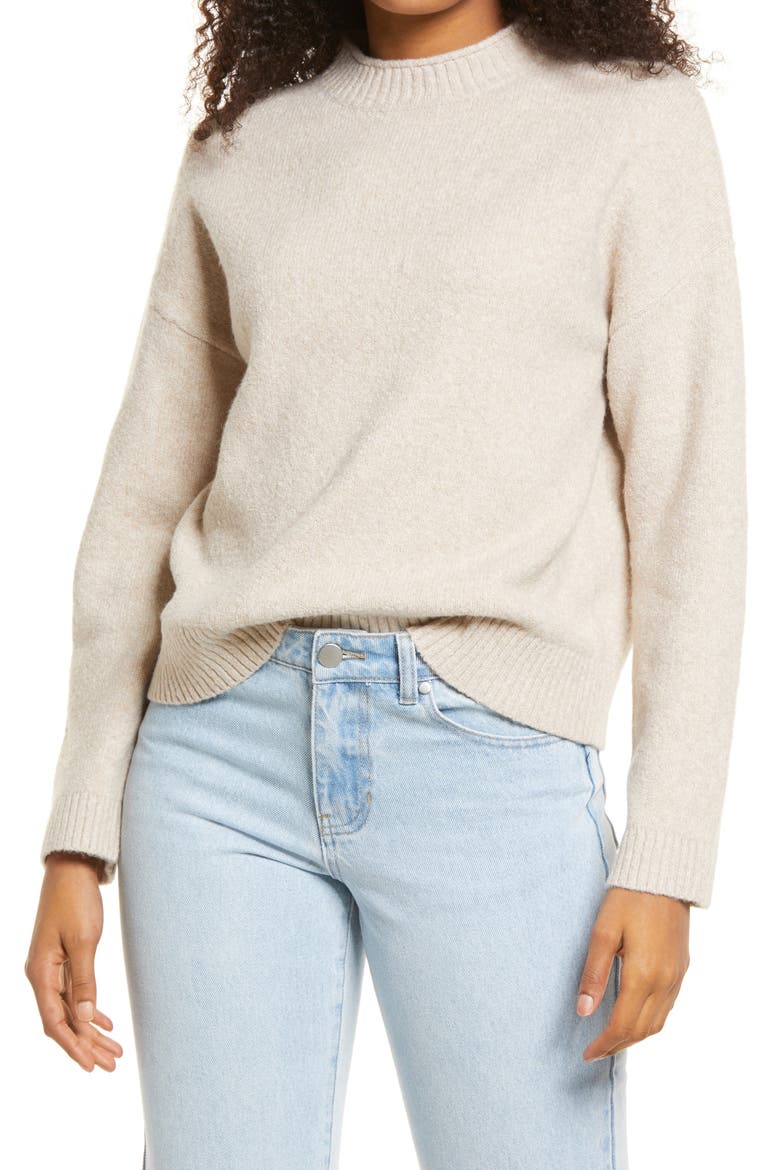 Cozy Roll Crewneck Sweater, Main, color, BEIGE OATMEAL HEATHER