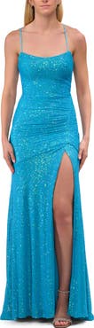La Femme Lace Up Back Sequin Gown with Flare Skirt