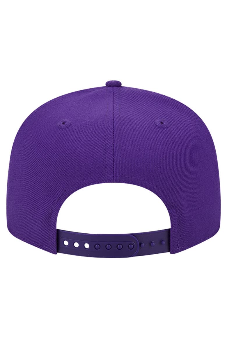 Men's New Era Purple Los Angeles Lakers Evergreen Script Side Patch 9FIFTY Snapback Hat, Alternate, color, Purple