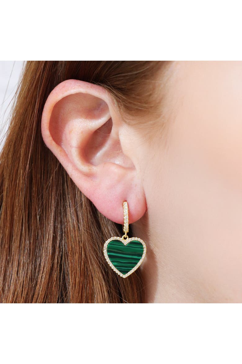 Large Malachite CZ Halo Heart Dangle Earrings, Alternate, color, Malachite