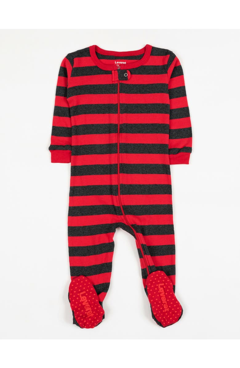 Leveret Footed Printed Cotton Pajamas, Solids, Stripes & Tie Dye, Main, color, Striped Red & Gray