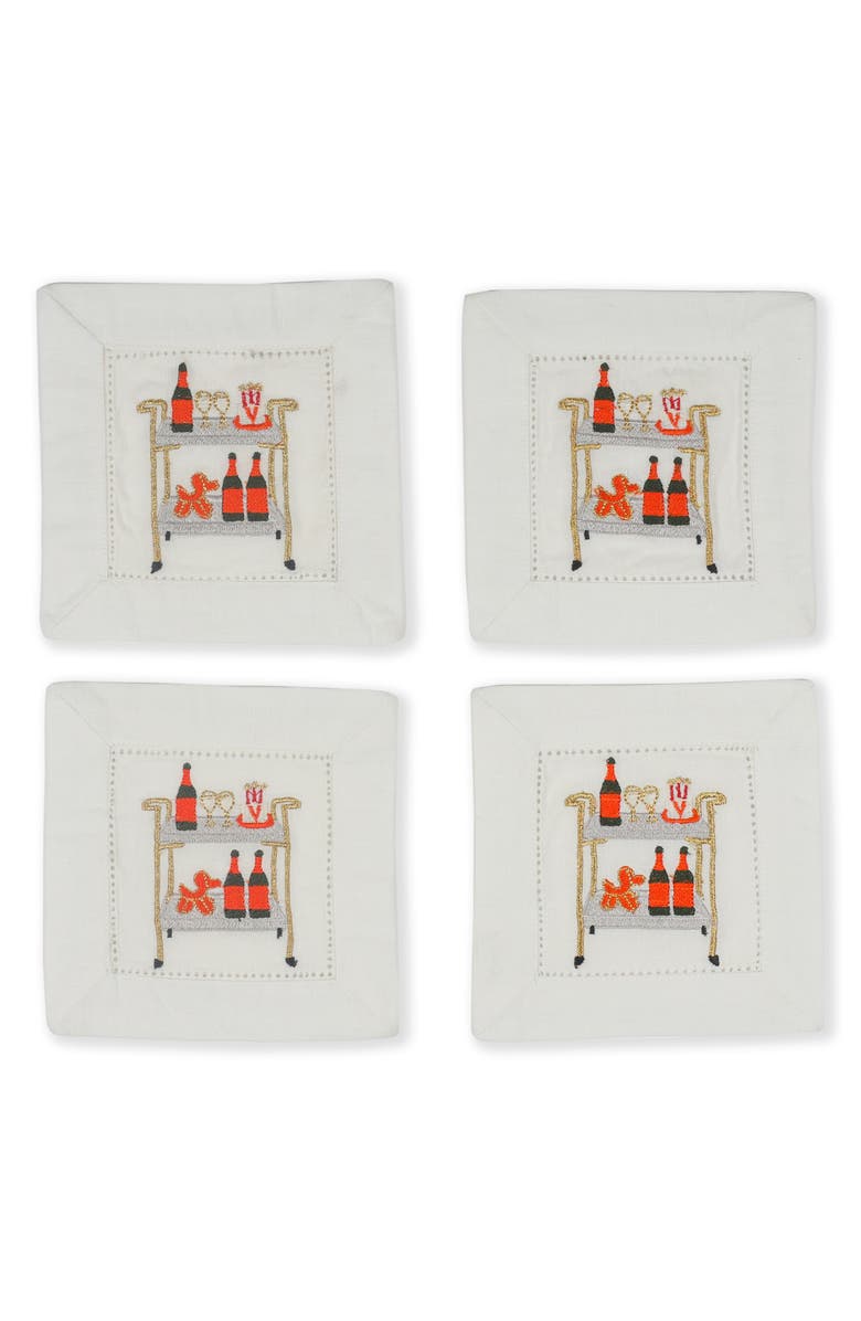 Tiramisu Bar Cart Bliss Embroidered Linen Cocktail Napkins, Main, color, Multi